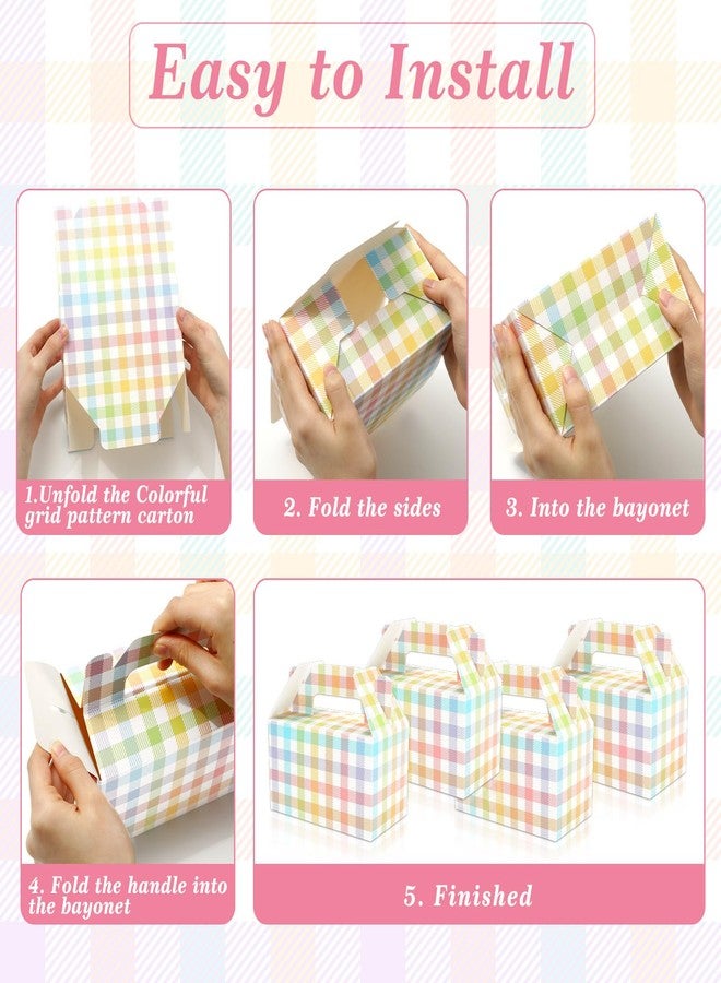 وولاين علبة هدايا من قماش الجينغهام من والين، مزودة بمقبض، 24 قطعة، علب حلوى مثلثة الشكل، أكياس حلوى ربيعية، أكياس حلوى عيد الفصح، علبة هدايا من الورق المقوى بنقشة مربعات باستيلية، مناسبة لأعياد الميلاد وحفلات استقبال المولود الجديد. - Image 3